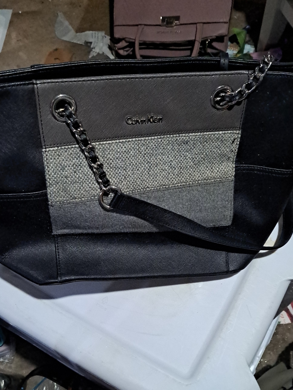 Calvin Klein Black and Gray Panel Chain-Handle Tote